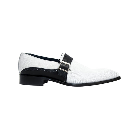The Duca Di Matiste Duca Sezze White/Black is a white textured dress shoe with a black strap, buckle, low black heel, and pointed toe, highlighting Italian craftsmanship in a side profile on a white background.