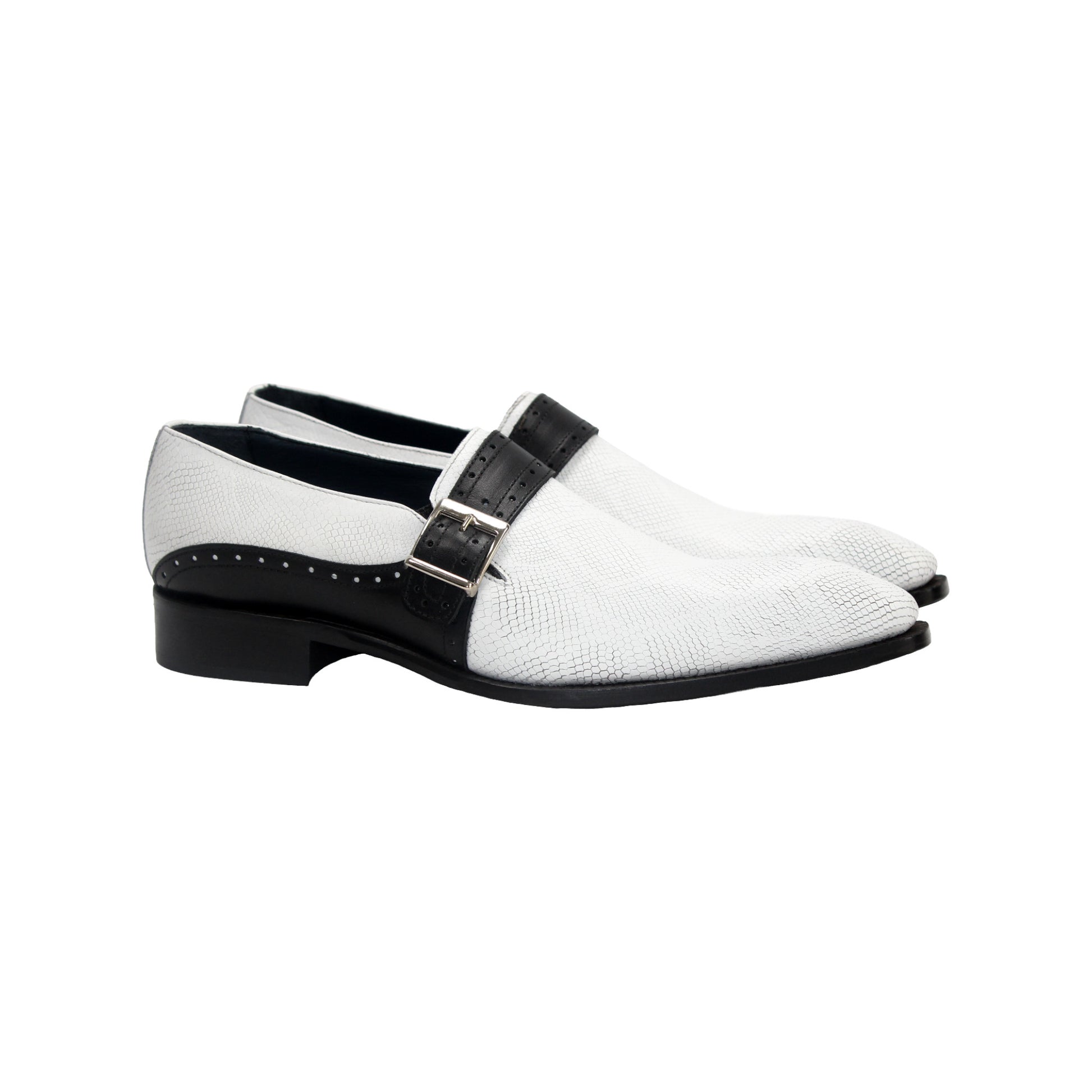 The Duca Di Matiste Duca Sezze White/Black is a white textured dress shoe with a black strap, buckle, low black heel, and pointed toe, highlighting Italian craftsmanship in a side profile on a white background.