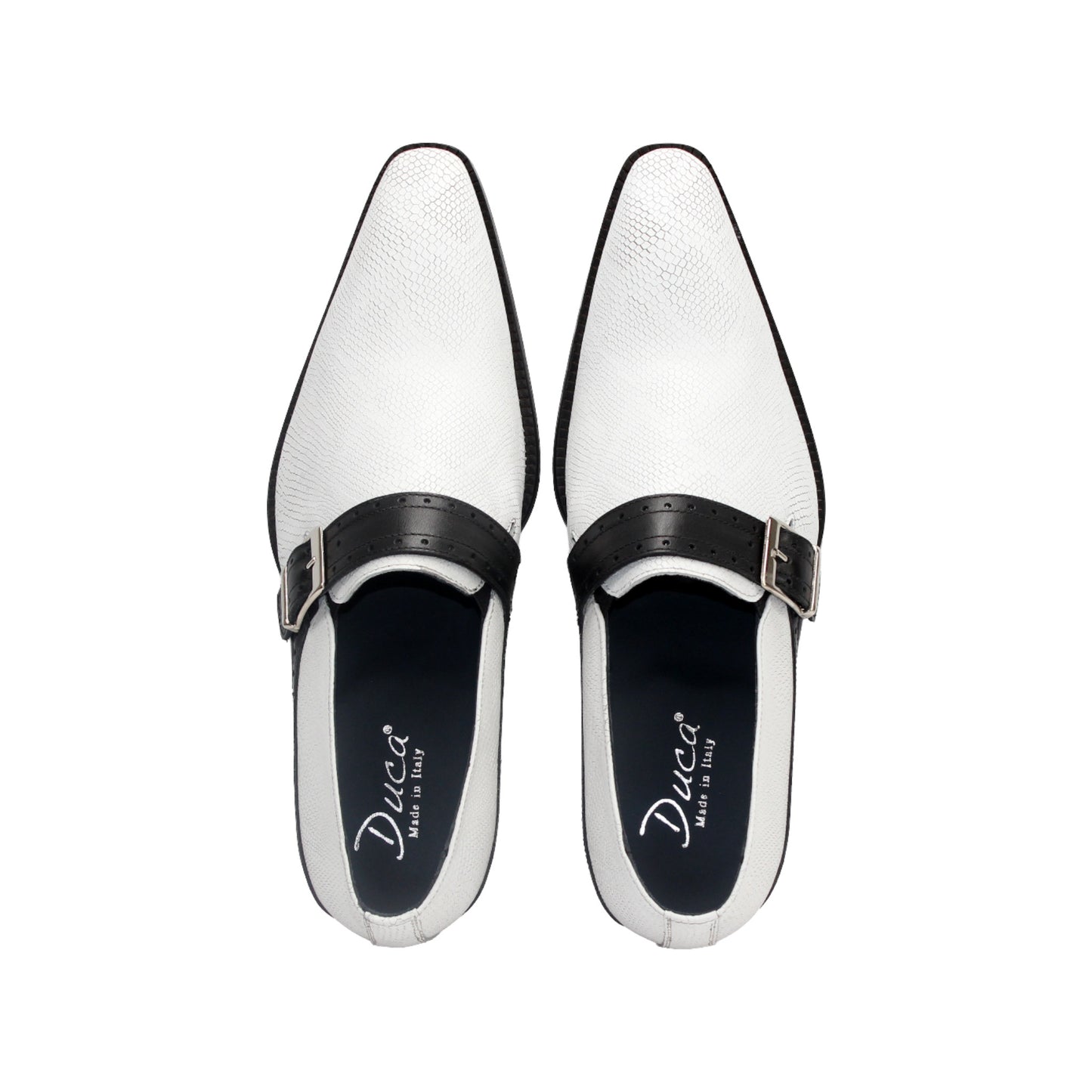 The Duca Di Matiste Duca Sezze White/Black is a white textured dress shoe with a black strap, buckle, low black heel, and pointed toe, highlighting Italian craftsmanship in a side profile on a white background.