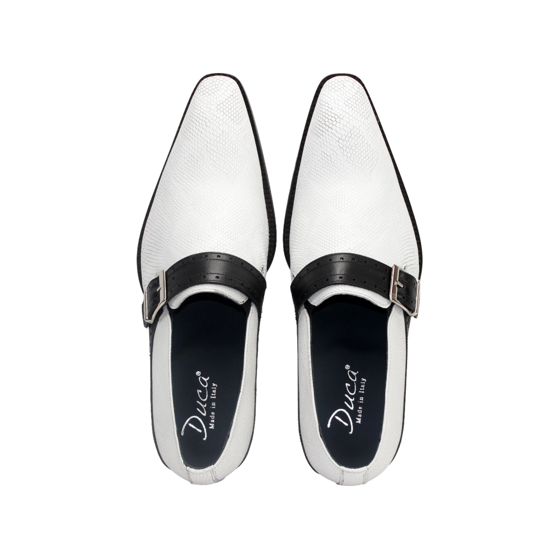 The Duca Di Matiste Duca Sezze White/Black is a white textured dress shoe with a black strap, buckle, low black heel, and pointed toe, highlighting Italian craftsmanship in a side profile on a white background.