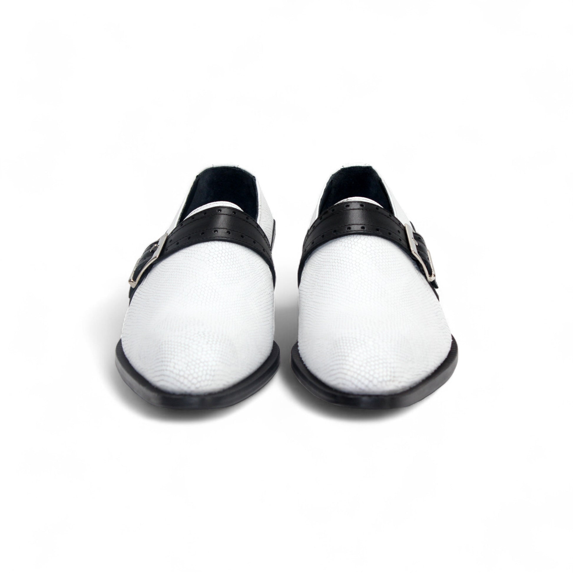 The Duca Di Matiste Duca Sezze White/Black is a white textured dress shoe with a black strap, buckle, low black heel, and pointed toe, highlighting Italian craftsmanship in a side profile on a white background.