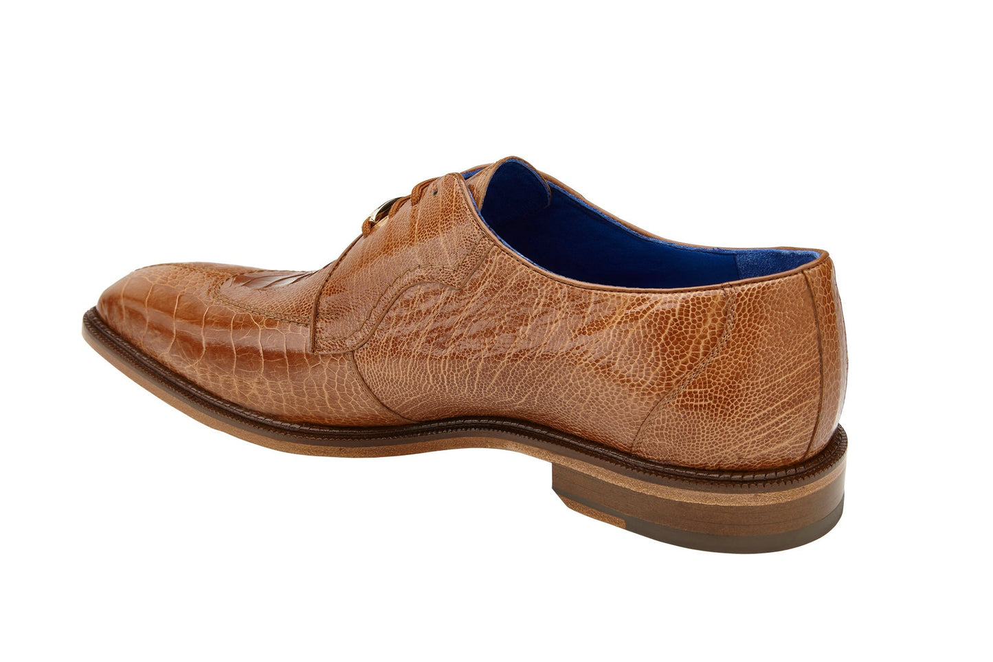 The BELVEDERE Belvedere - Siena Genuine Ostrich Leg Dress Shoe in Burned Amber (1463) is shown from the back, highlighting its moc toe, textured ostrich leg detailing, stacked heel, and refined look against a white background.