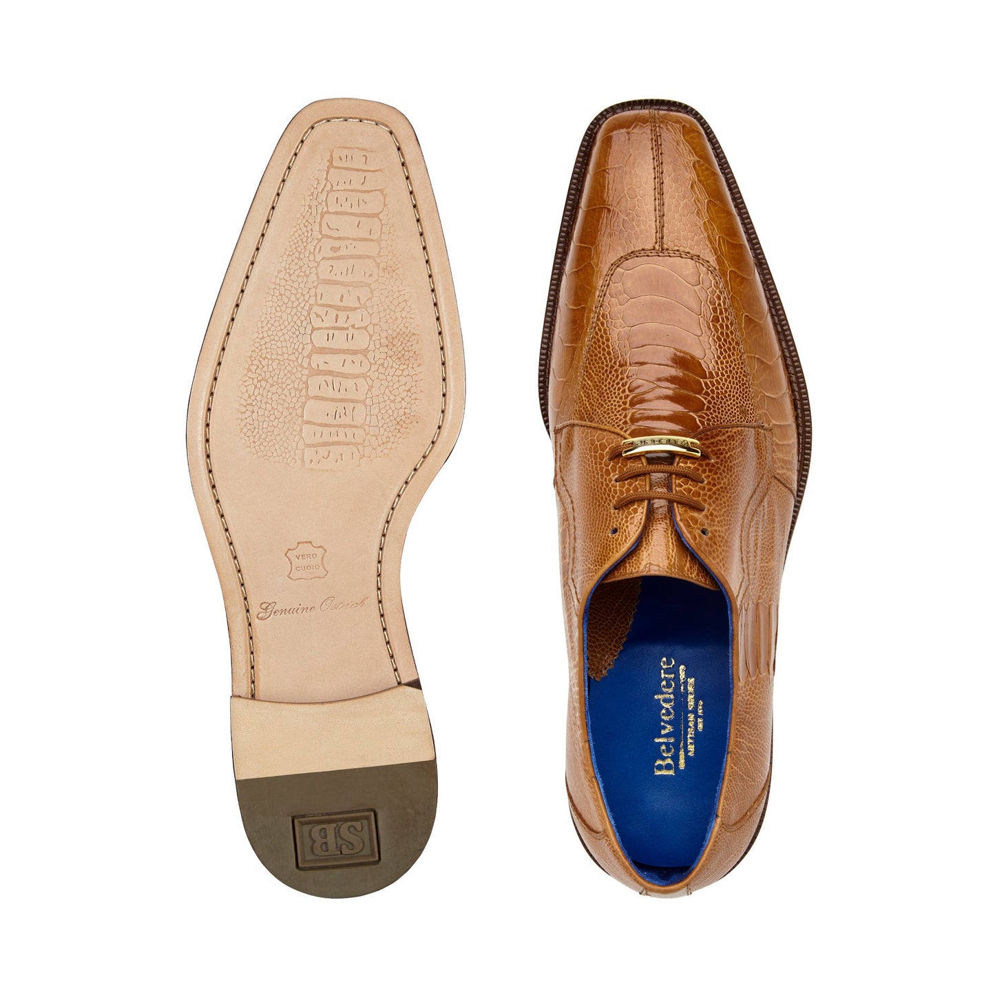The BELVEDERE Belvedere - Siena Genuine Ostrich Leg Dress Shoe in Burned Amber (1463) is shown from the back, highlighting its moc toe, textured ostrich leg detailing, stacked heel, and refined look against a white background.