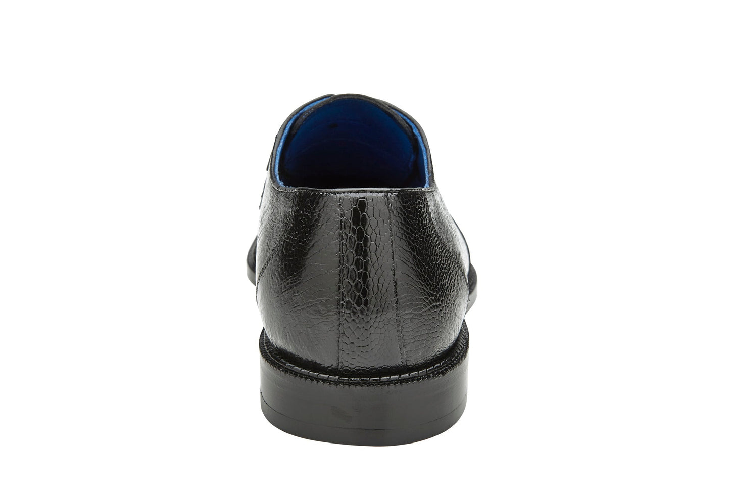 The BELVEDERE Siena Black Dress Shoe (1463) features genuine ostrich leg leather with a textured finish and leather sole, shown in a side view on a white background.