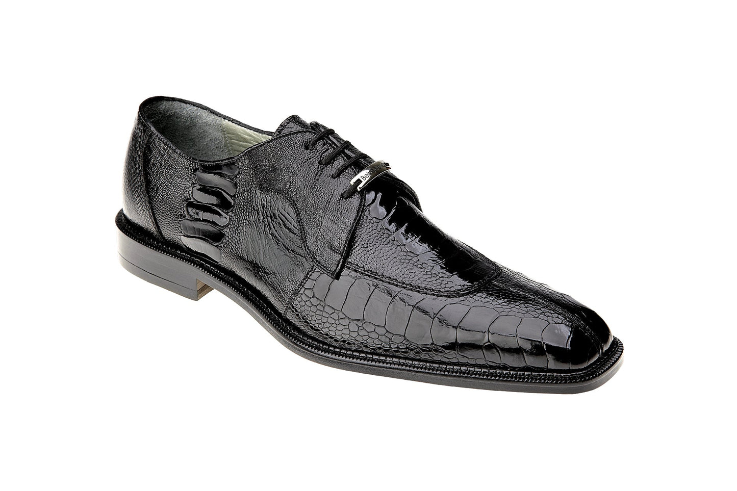 The BELVEDERE Siena Black Dress Shoe (1463) features genuine ostrich leg leather with a textured finish and leather sole, shown in a side view on a white background.