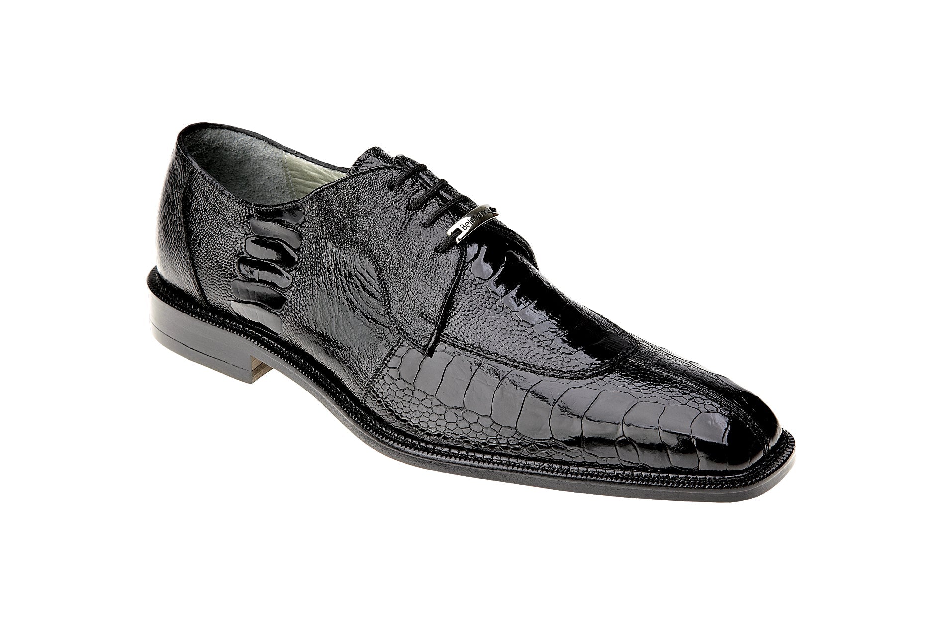The BELVEDERE Siena Black Dress Shoe (1463) features genuine ostrich leg leather with a textured finish and leather sole, shown in a side view on a white background.