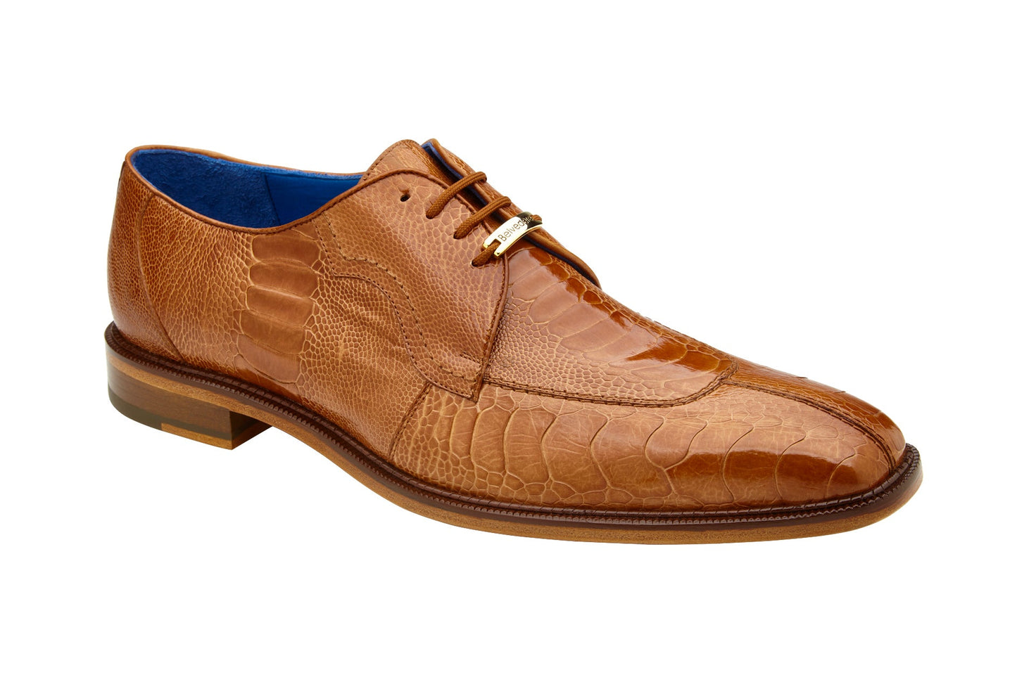 The BELVEDERE Belvedere - Siena Genuine Ostrich Leg Dress Shoe in Burned Amber (1463) is shown from the back, highlighting its moc toe, textured ostrich leg detailing, stacked heel, and refined look against a white background.