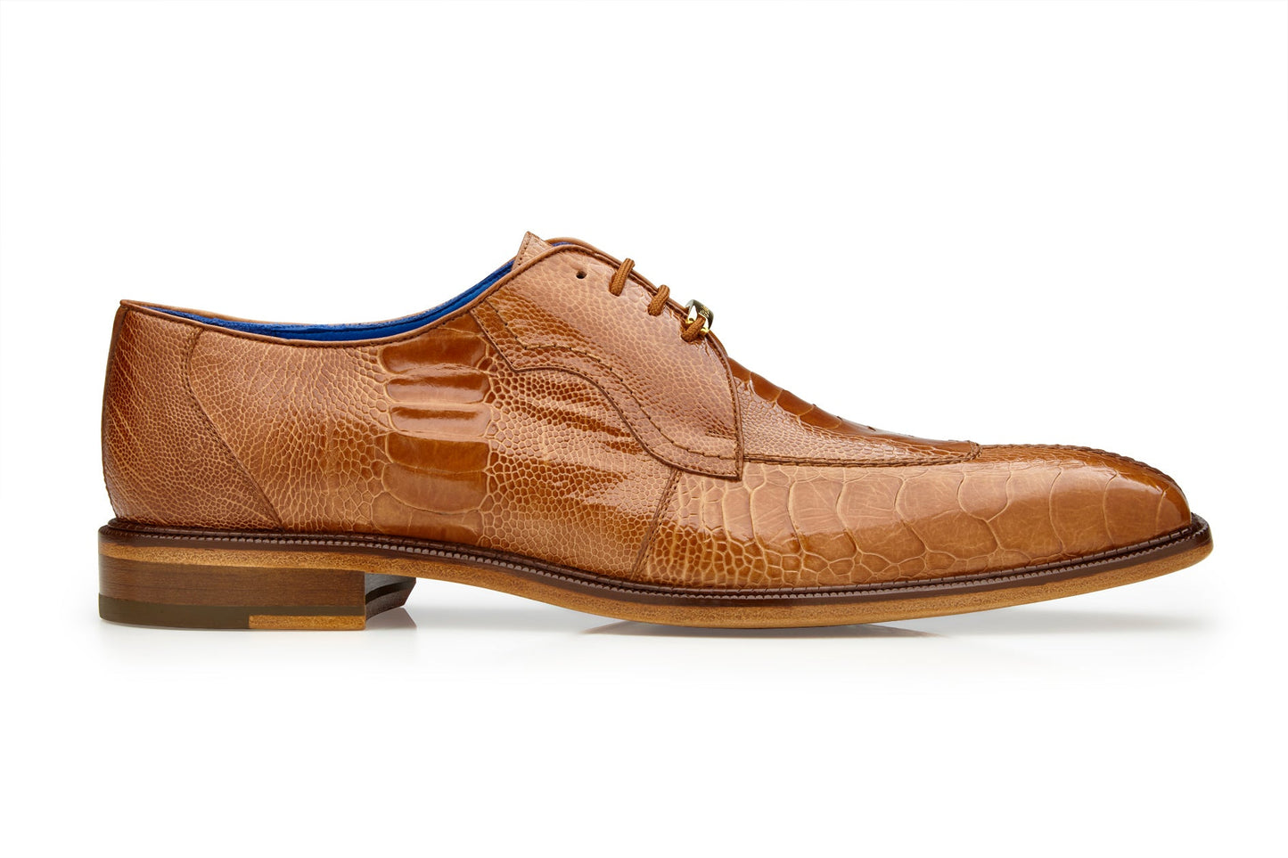 The BELVEDERE Belvedere - Siena Genuine Ostrich Leg Dress Shoe in Burned Amber (1463) is shown from the back, highlighting its moc toe, textured ostrich leg detailing, stacked heel, and refined look against a white background.