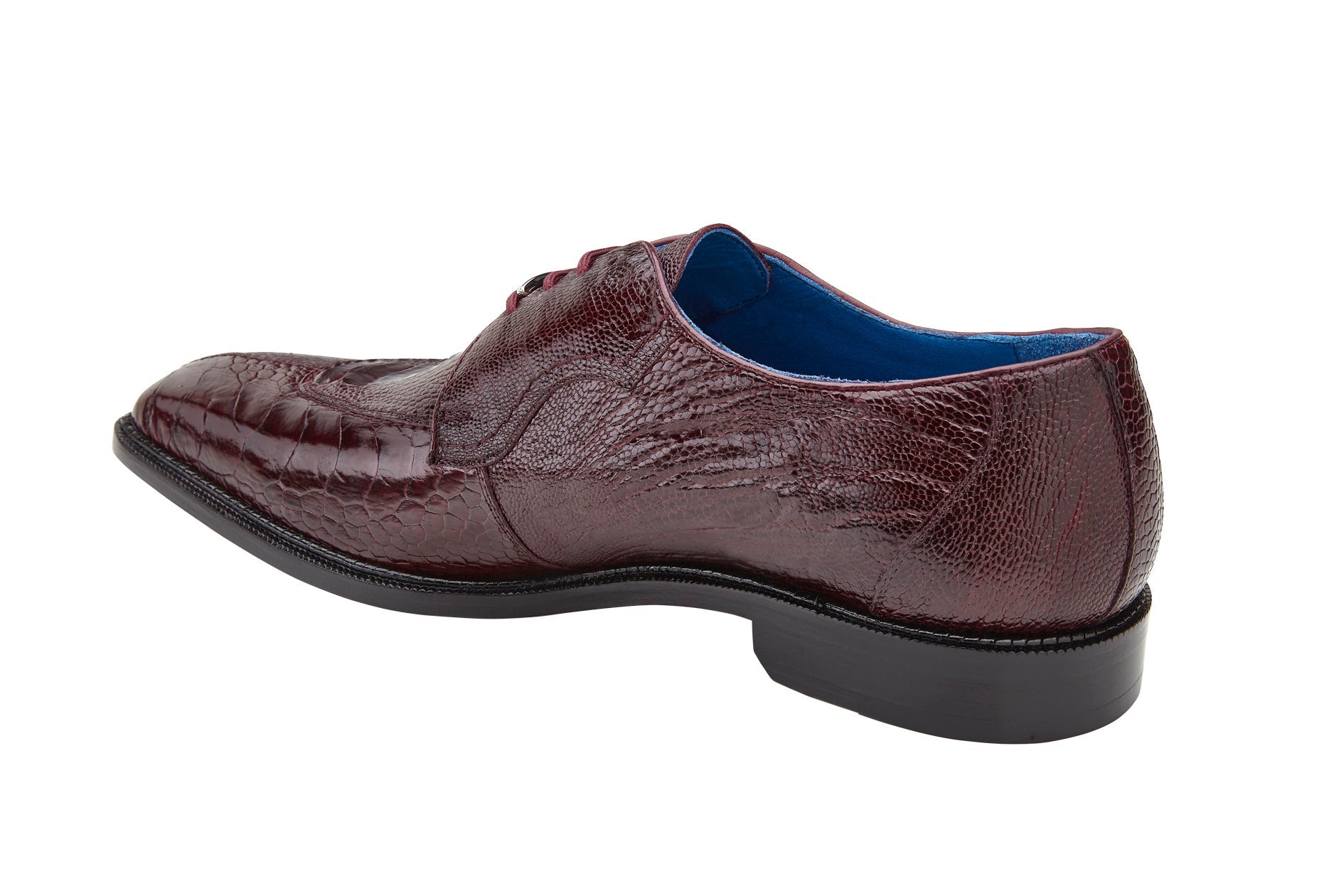 A side view of the BELVEDERE Siena dress shoe, genuine ostrich leg in dark burgundy (1463), featuring a textured pattern, moc toe design, and black sole against a white background.