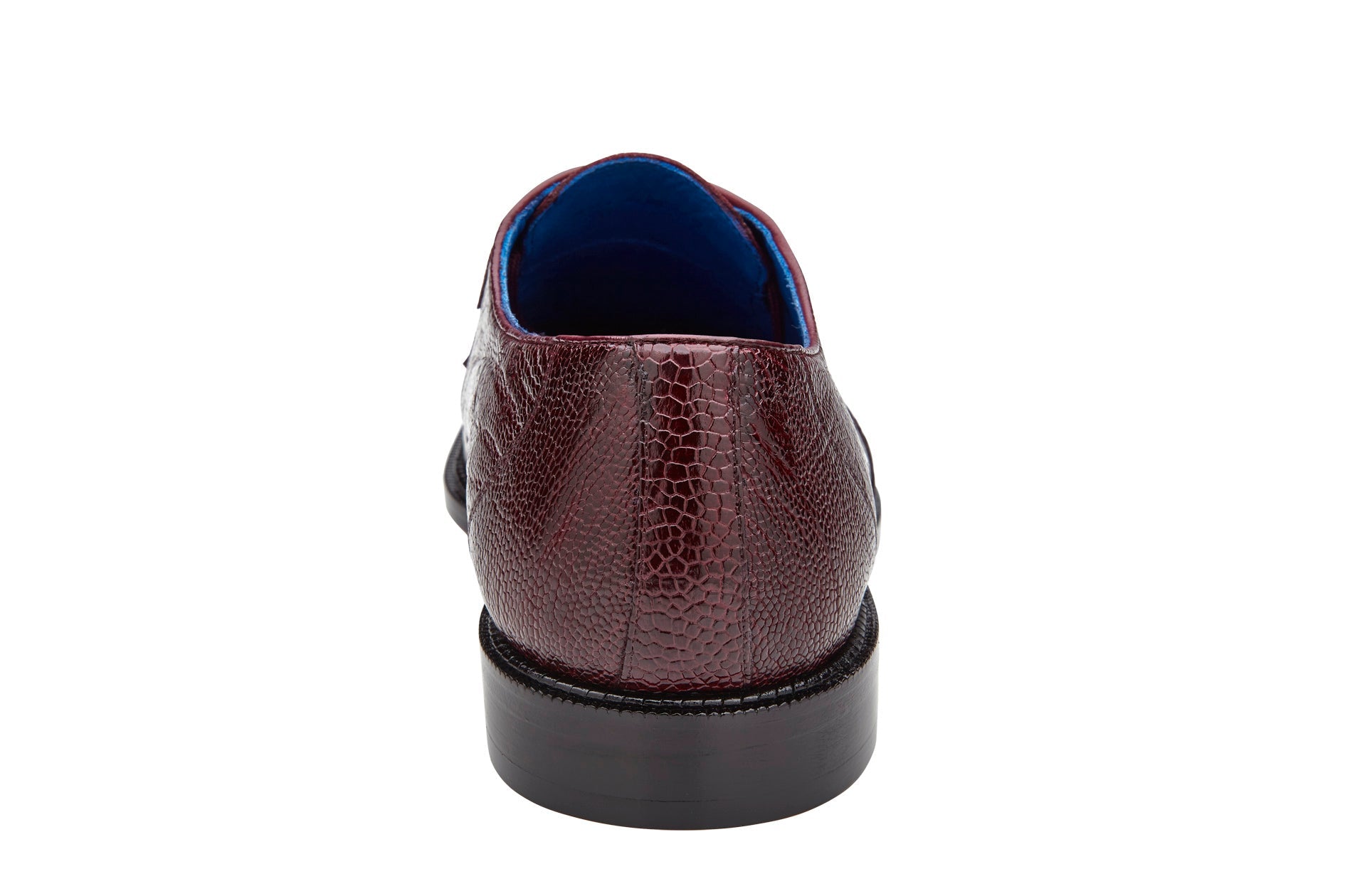 A side view of the BELVEDERE Siena dress shoe, genuine ostrich leg in dark burgundy (1463), featuring a textured pattern, moc toe design, and black sole against a white background.
