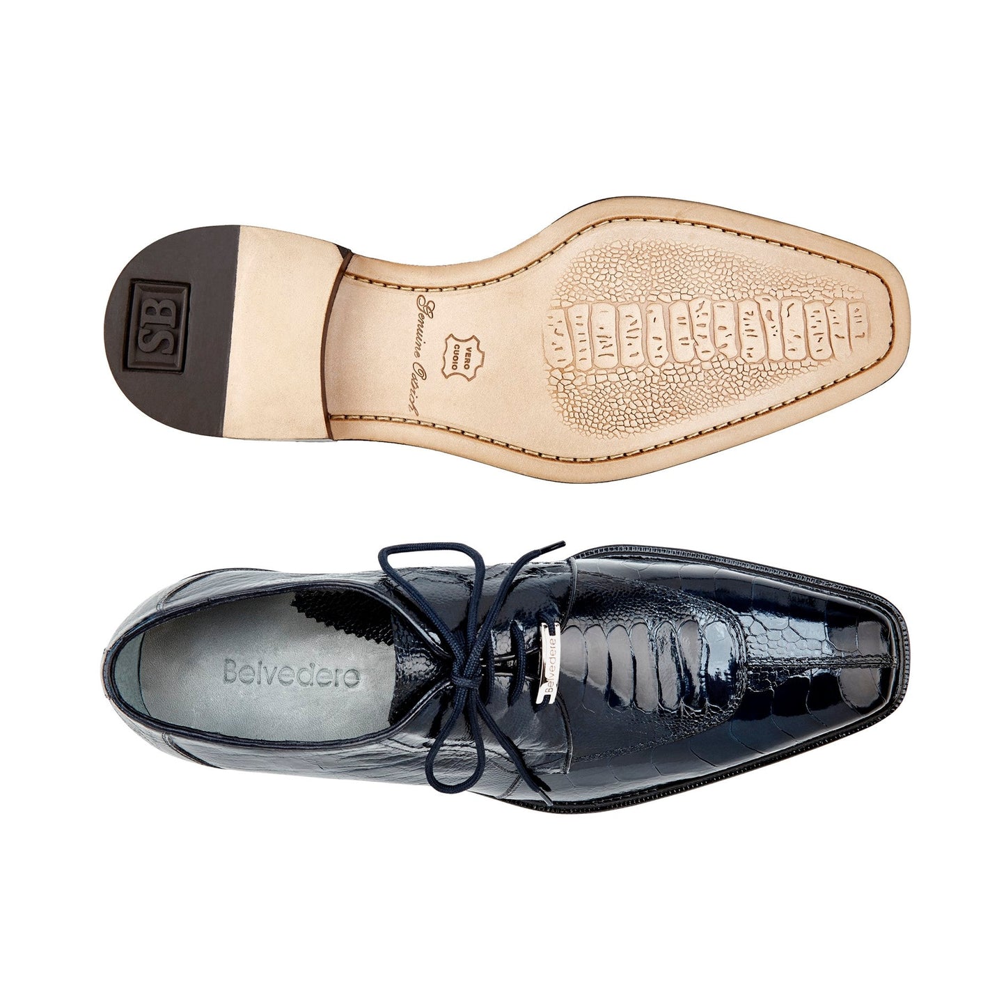 The BELVEDERE Siena is a genuine ostrich leg dress shoe in navy (1463), shown from top and bottom views, with a detailed sole featuring markings and branding.