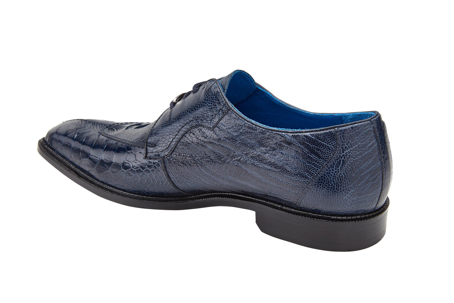 The BELVEDERE Siena is a genuine ostrich leg dress shoe in navy (1463), shown from top and bottom views, with a detailed sole featuring markings and branding.