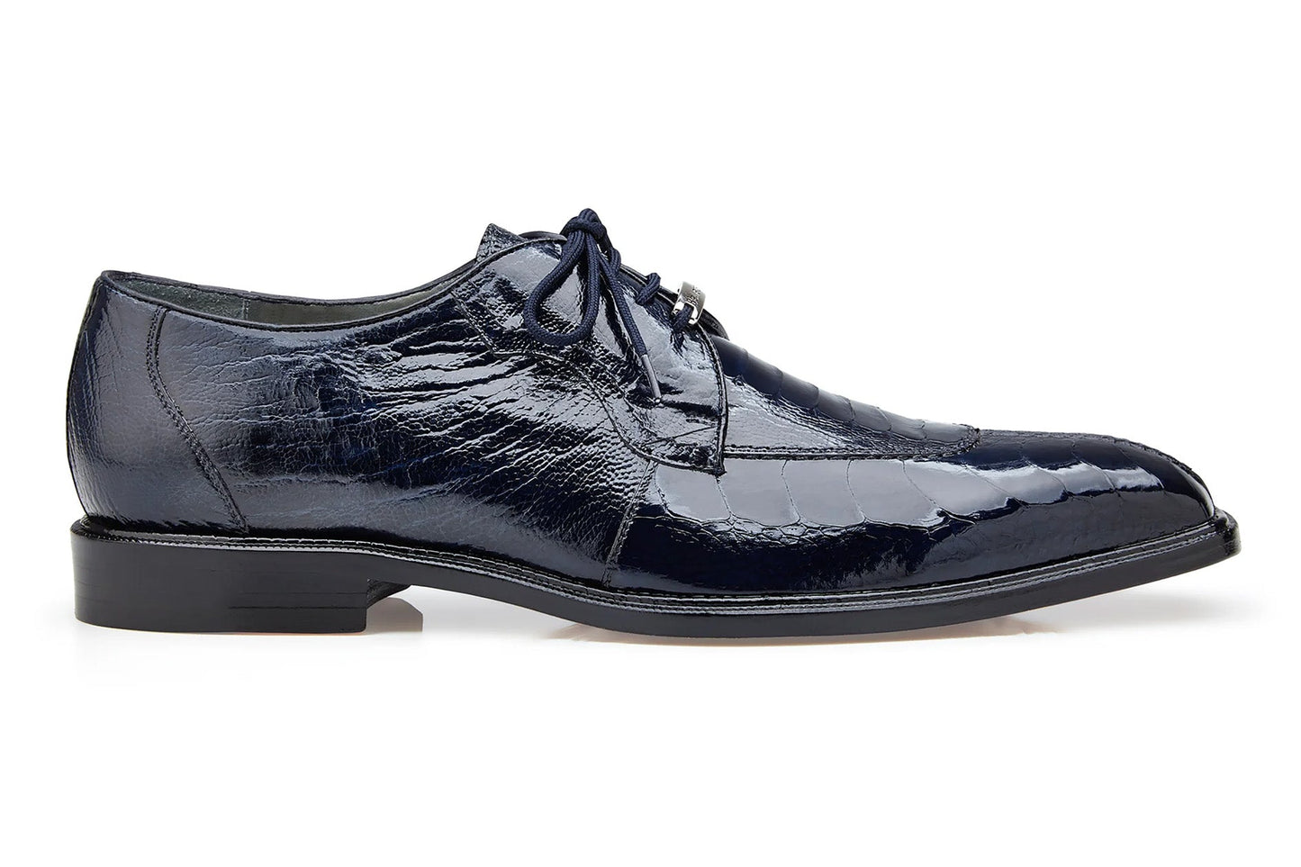The BELVEDERE Siena is a genuine ostrich leg dress shoe in navy (1463), shown from top and bottom views, with a detailed sole featuring markings and branding.