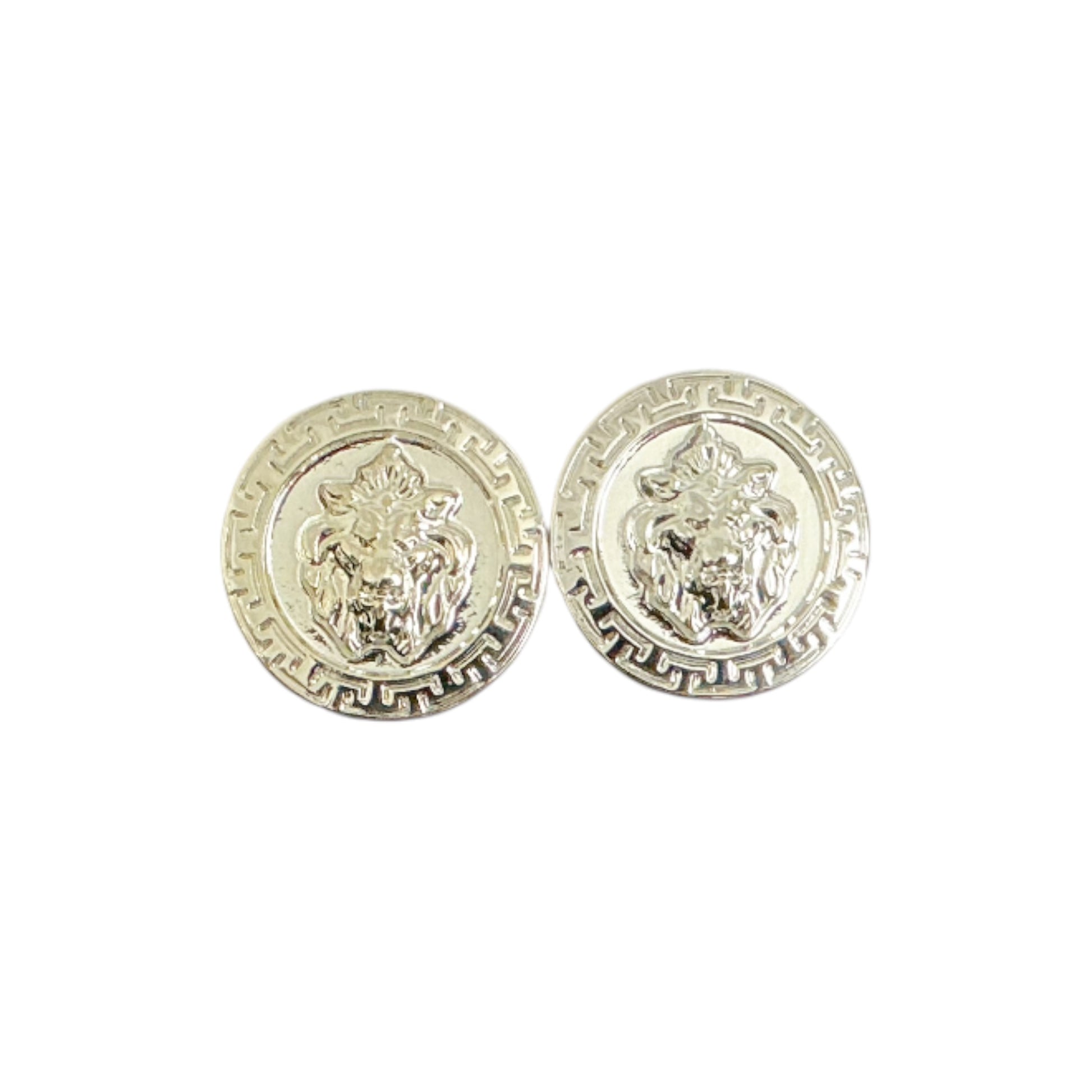 Elevate your style with Matiste Silver Cufflinks—round, silver-toned cufflinks featuring a raised lion head and decorative border, perfect for a luxurious touch.