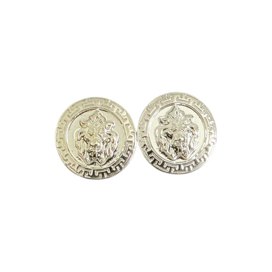 Elevate your style with Matiste Silver Cufflinks—round, silver-toned cufflinks featuring a raised lion head and decorative border, perfect for a luxurious touch.