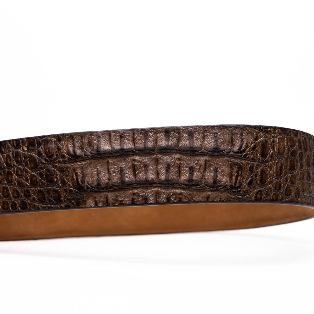 The Silvio Belt Washed Brown by Marco Di Milano is crafted from genuine crocodile-pattern leather and features a metal buckle engraved with the brand’s logo.