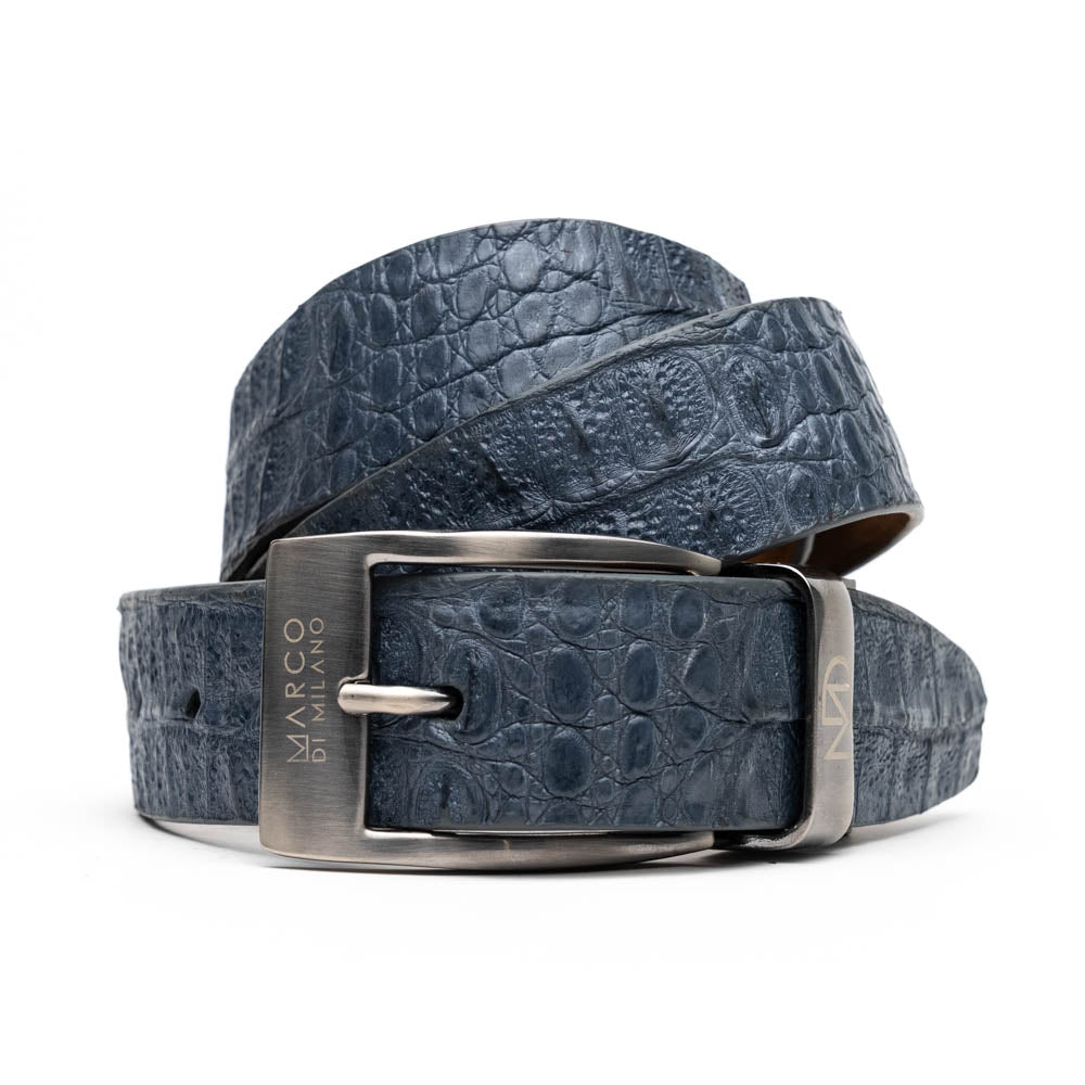 A gray textured exotic leather belt with a crocodile pattern and a silver buckle engraved with the brand name "Marco Di Milano." Product name: Silvio Belt Gray.