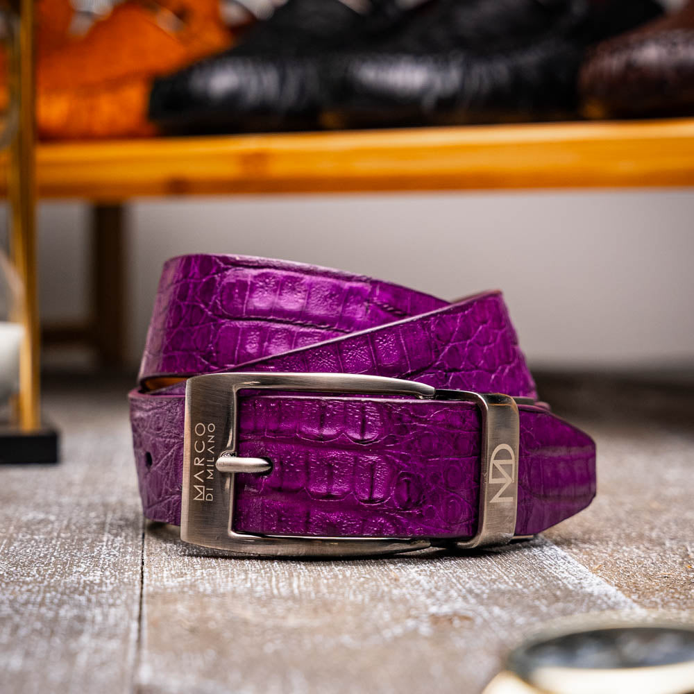 The Silvio Belt Purple by Marco Di Milano is crafted in crocodile-embossed leather with a silver buckle engraved with the brand logo.
