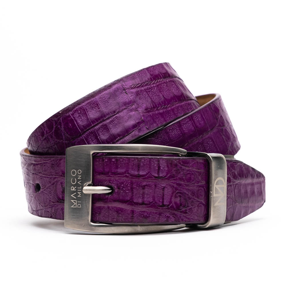 The Silvio Belt Purple by Marco Di Milano is crafted in crocodile-embossed leather with a silver buckle engraved with the brand logo.