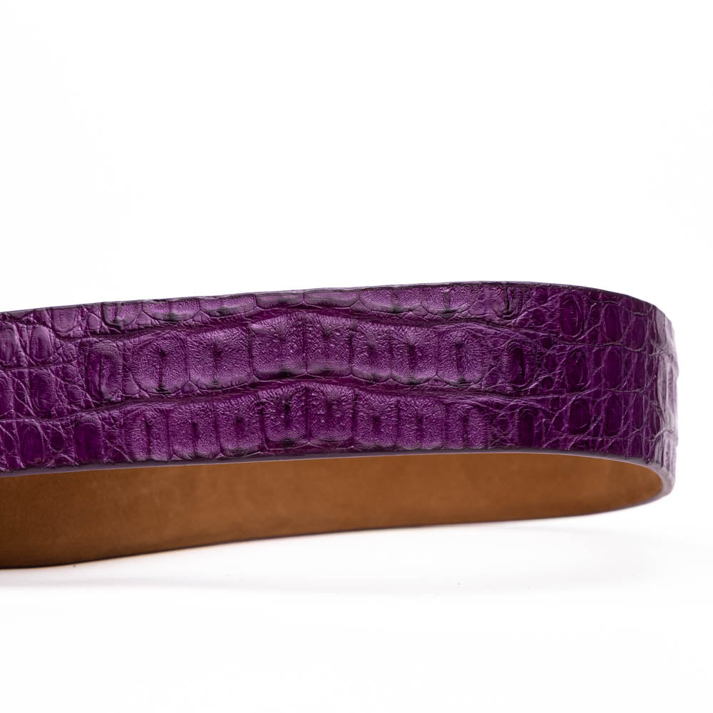 The Silvio Belt Purple by Marco Di Milano is crafted in crocodile-embossed leather with a silver buckle engraved with the brand logo.