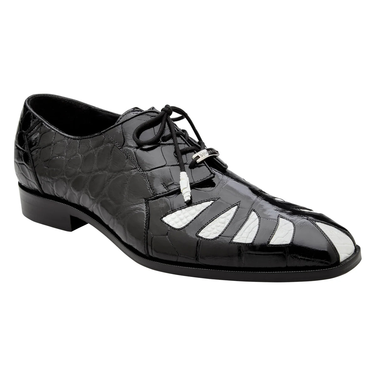 Belvedere Simone, a black and white American alligator lace-up dress shoe with decorative cutouts.