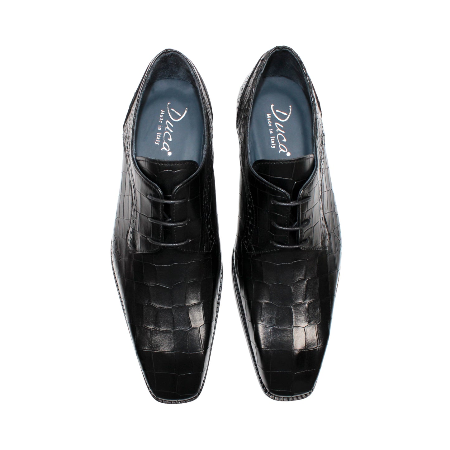 The Duca Di Matiste Duca Spada Black is a black Italian leather dress shoe with an embossed crocodile pattern, low heel, and lace-up design, shown in side profile on a white background. Expertly crafted in Italy for elegant style.