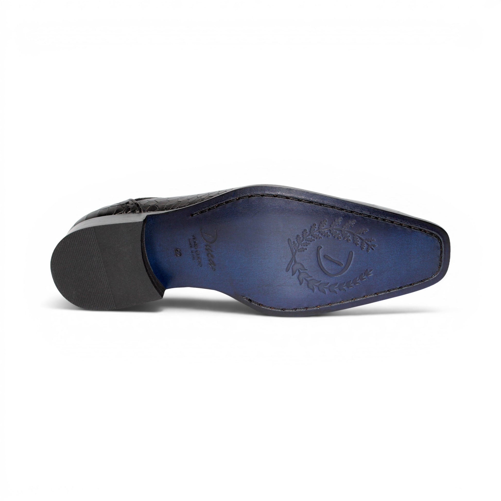 The Duca Di Matiste Duca Spada Black is a black Italian leather dress shoe with an embossed crocodile pattern, low heel, and lace-up design, shown in side profile on a white background. Expertly crafted in Italy for elegant style.