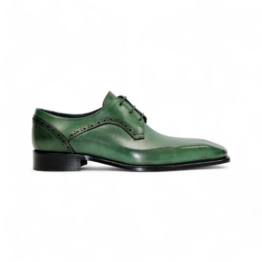 The Duca Spada Green by Duca Di Matiste: a single green Italian leather dress shoe, black laces, low heel, shown in profile on a white background.