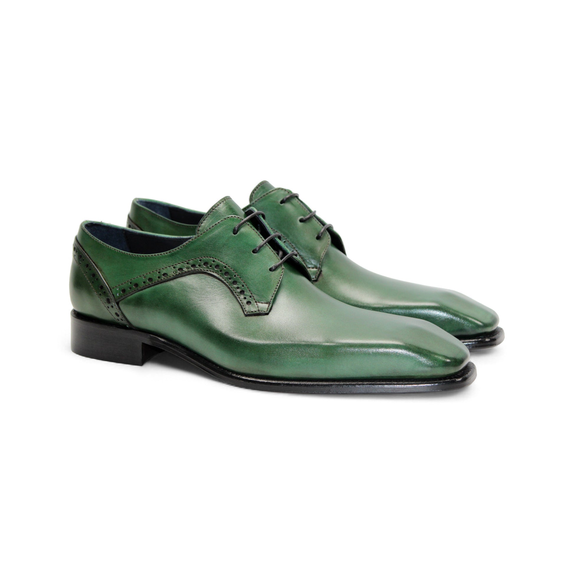 The Duca Spada Green by Duca Di Matiste: a single green Italian leather dress shoe, black laces, low heel, shown in profile on a white background.