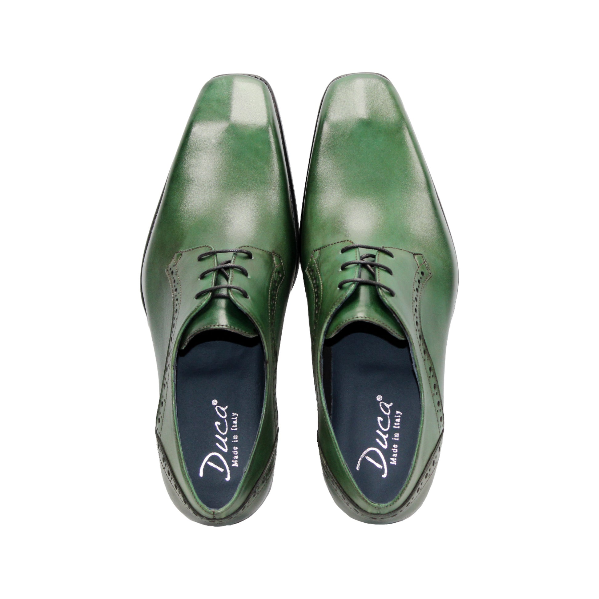 The Duca Spada Green by Duca Di Matiste: a single green Italian leather dress shoe, black laces, low heel, shown in profile on a white background.
