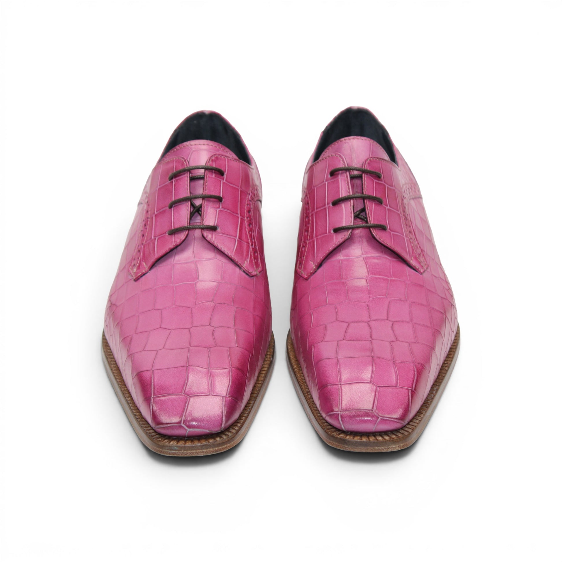 The Duca Di Matiste Duca Spada Pink is a single pink Italian leather dress shoe featuring a crocodile pattern, black laces, and a light brown sole, shown in a side view.