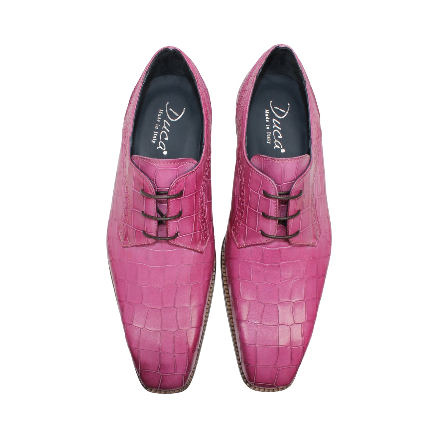 The Duca Di Matiste Duca Spada Pink is a single pink Italian leather dress shoe featuring a crocodile pattern, black laces, and a light brown sole, shown in a side view.