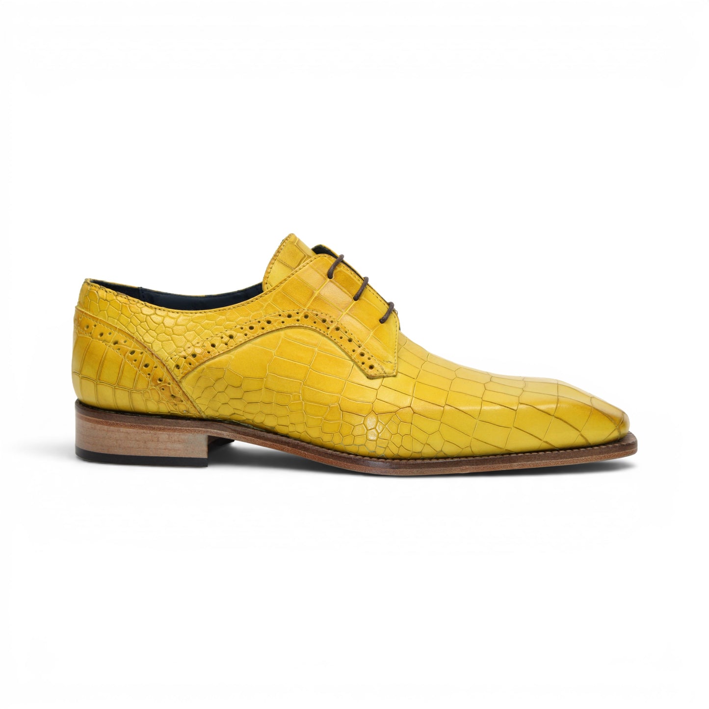 The Duca Di Matiste Duca Spada Yellow is a yellow, crocodile-patterned genuine leather lace-up dress shoe with a wooden sole and low heel, displayed in side profile on a white background.