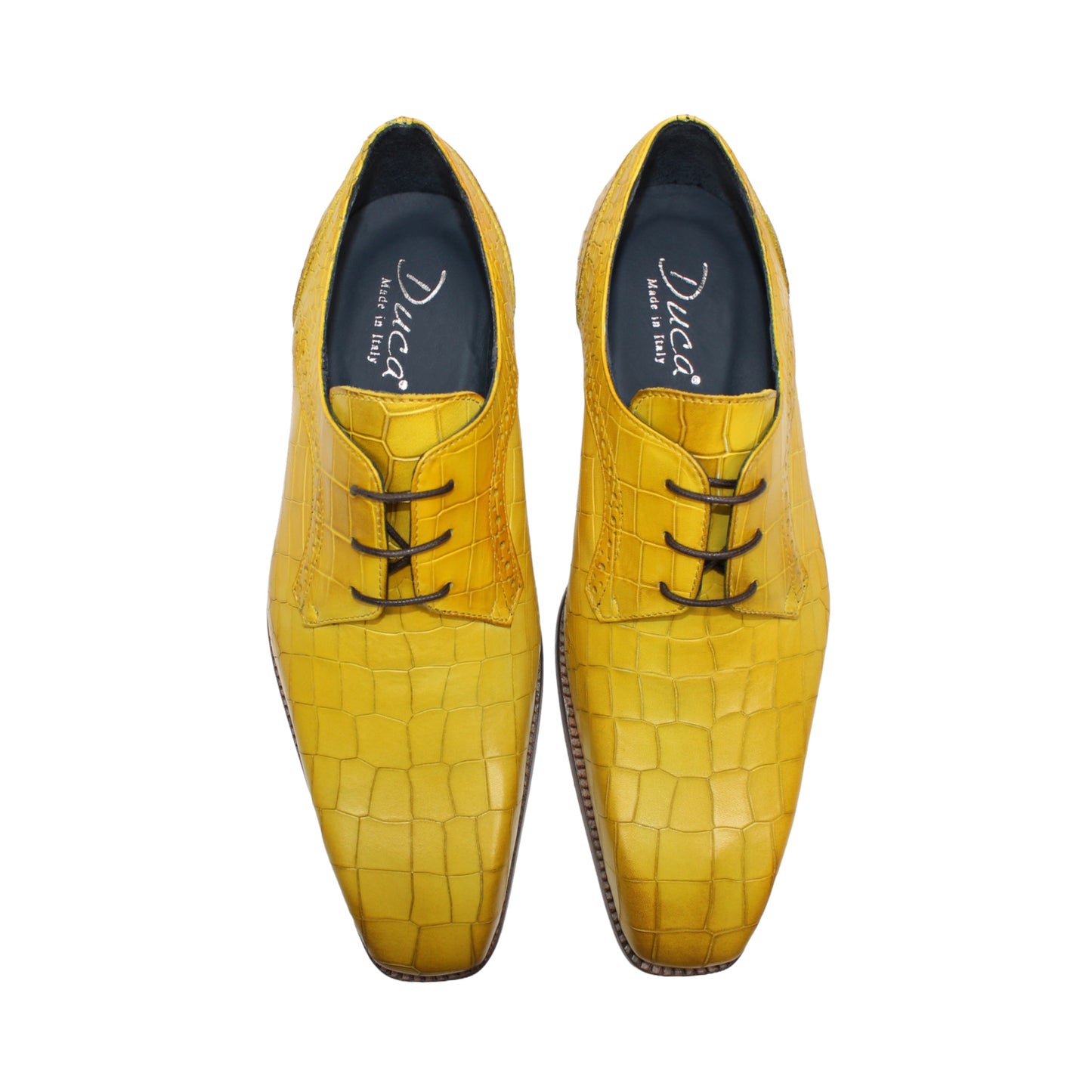 The Duca Di Matiste Duca Spada Yellow is a yellow, crocodile-patterned genuine leather lace-up dress shoe with a wooden sole and low heel, displayed in side profile on a white background.