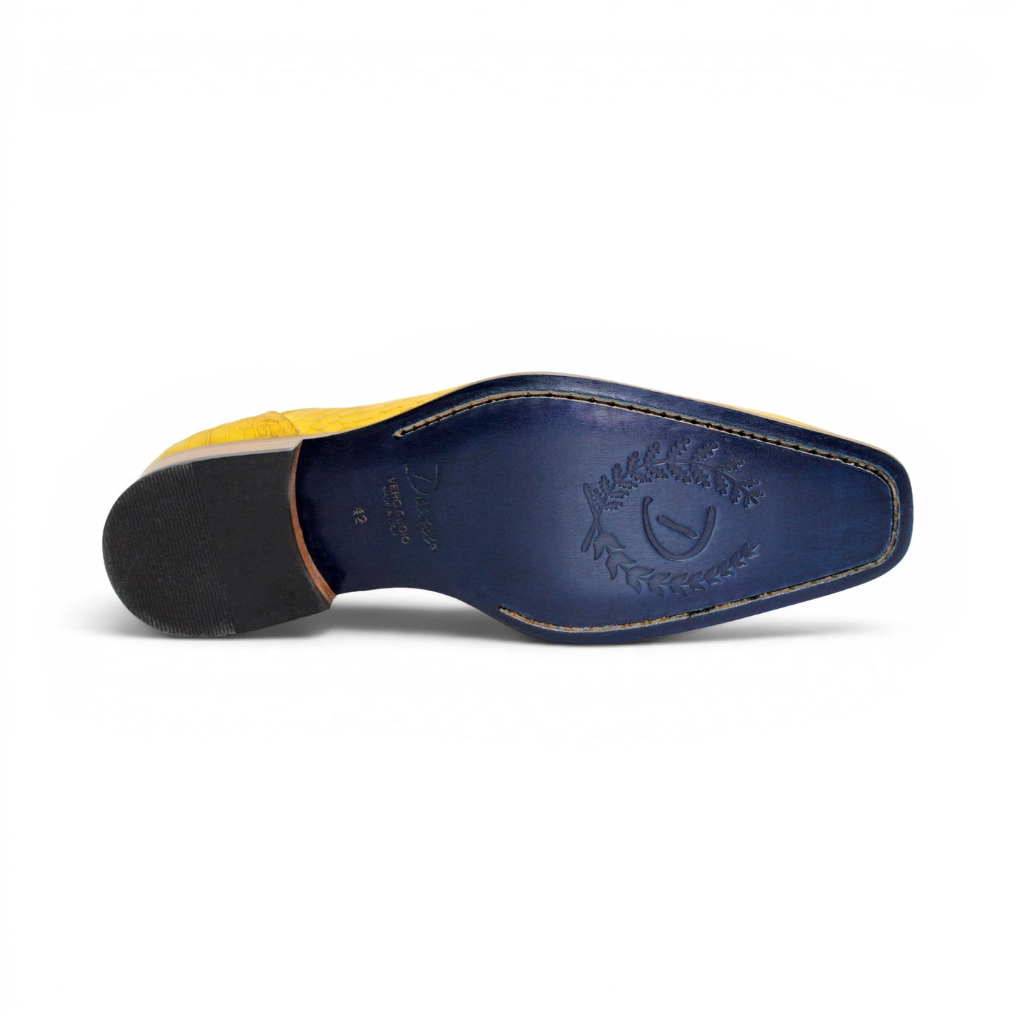 The Duca Di Matiste Duca Spada Yellow is a yellow, crocodile-patterned genuine leather lace-up dress shoe with a wooden sole and low heel, displayed in side profile on a white background.