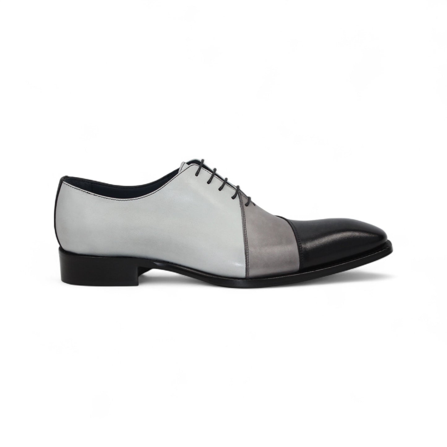 The Duca Di Matiste Duca Spoleto II Black Combo is a men’s Italian handcrafted lace-up dress shoe with black, gray, and white color-block leather, shown in left side profile on a white background.