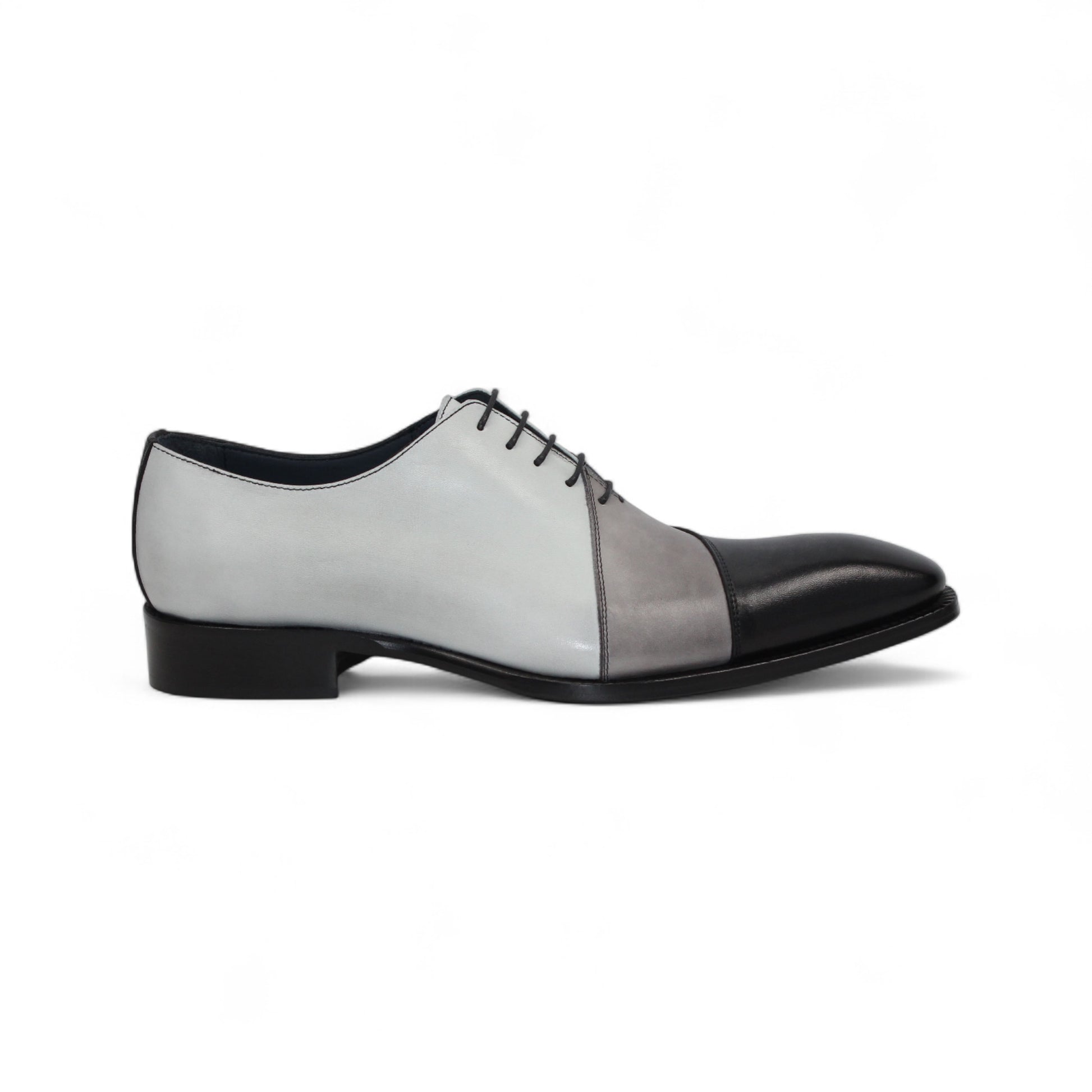 The Duca Di Matiste Duca Spoleto II Black Combo is a men’s Italian handcrafted lace-up dress shoe with black, gray, and white color-block leather, shown in left side profile on a white background.