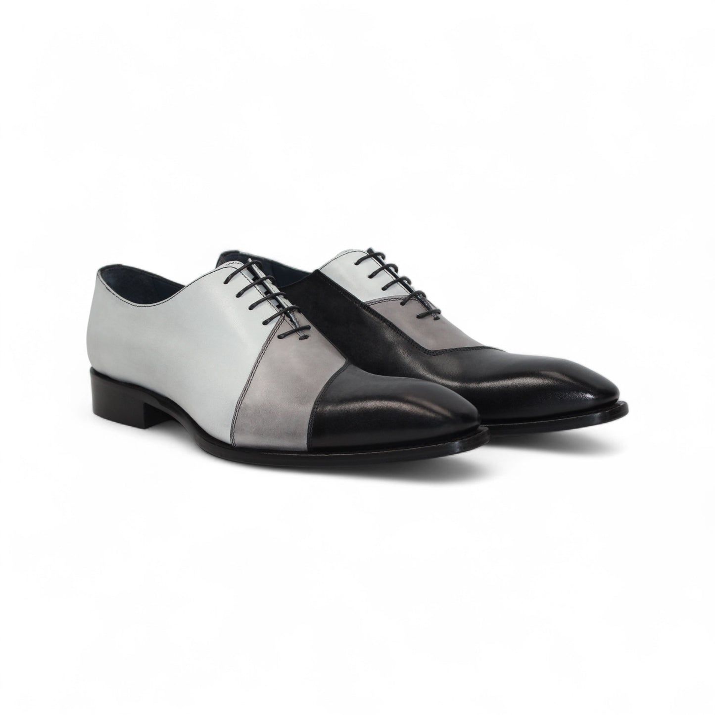 The Duca Di Matiste Duca Spoleto II Black Combo is a men’s Italian handcrafted lace-up dress shoe with black, gray, and white color-block leather, shown in left side profile on a white background.