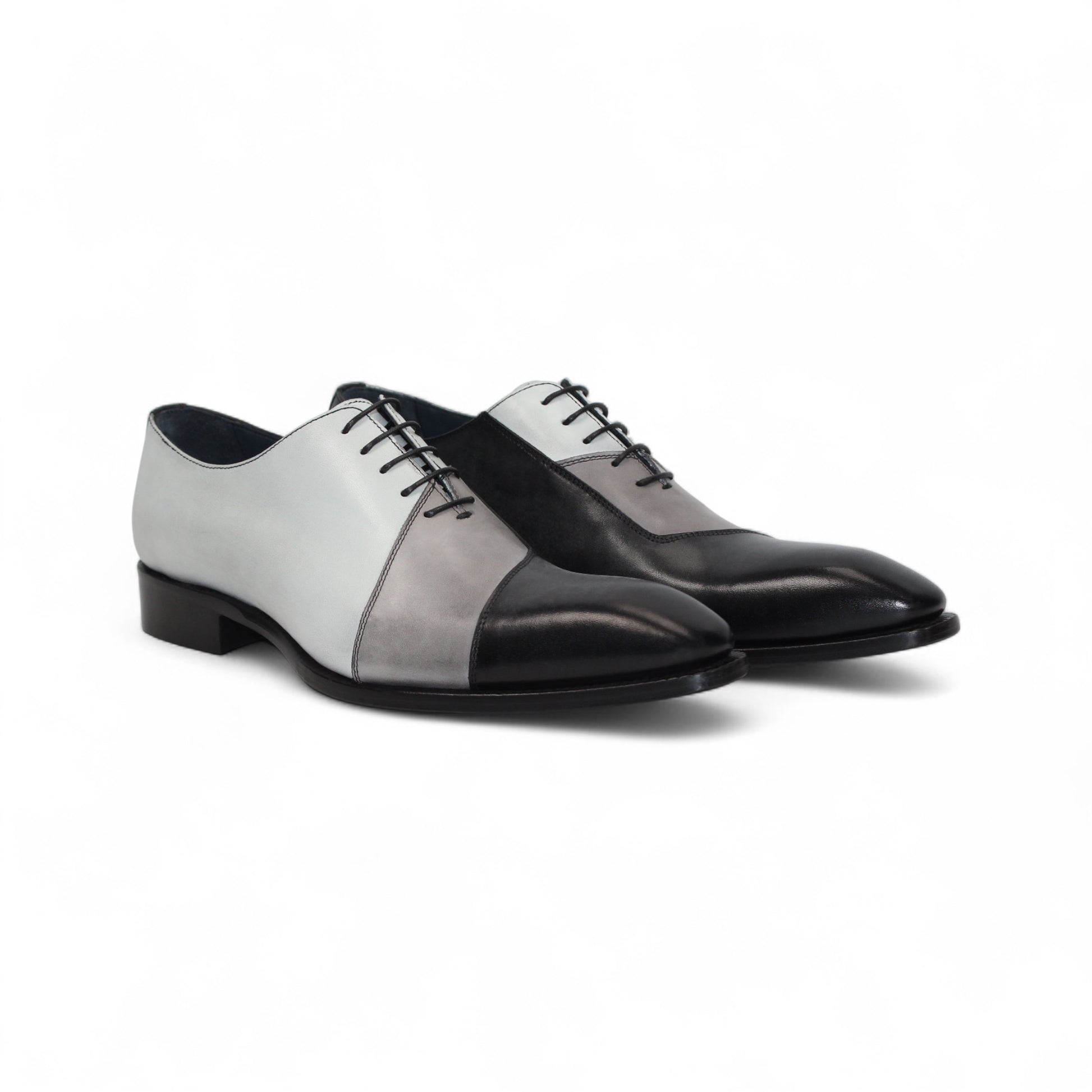 The Duca Di Matiste Duca Spoleto II Black Combo is a men’s Italian handcrafted lace-up dress shoe with black, gray, and white color-block leather, shown in left side profile on a white background.