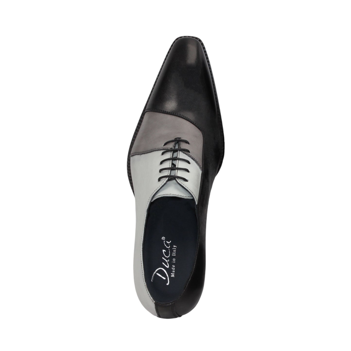 The Duca Di Matiste Duca Spoleto II Black Combo is a men’s Italian handcrafted lace-up dress shoe with black, gray, and white color-block leather, shown in left side profile on a white background.