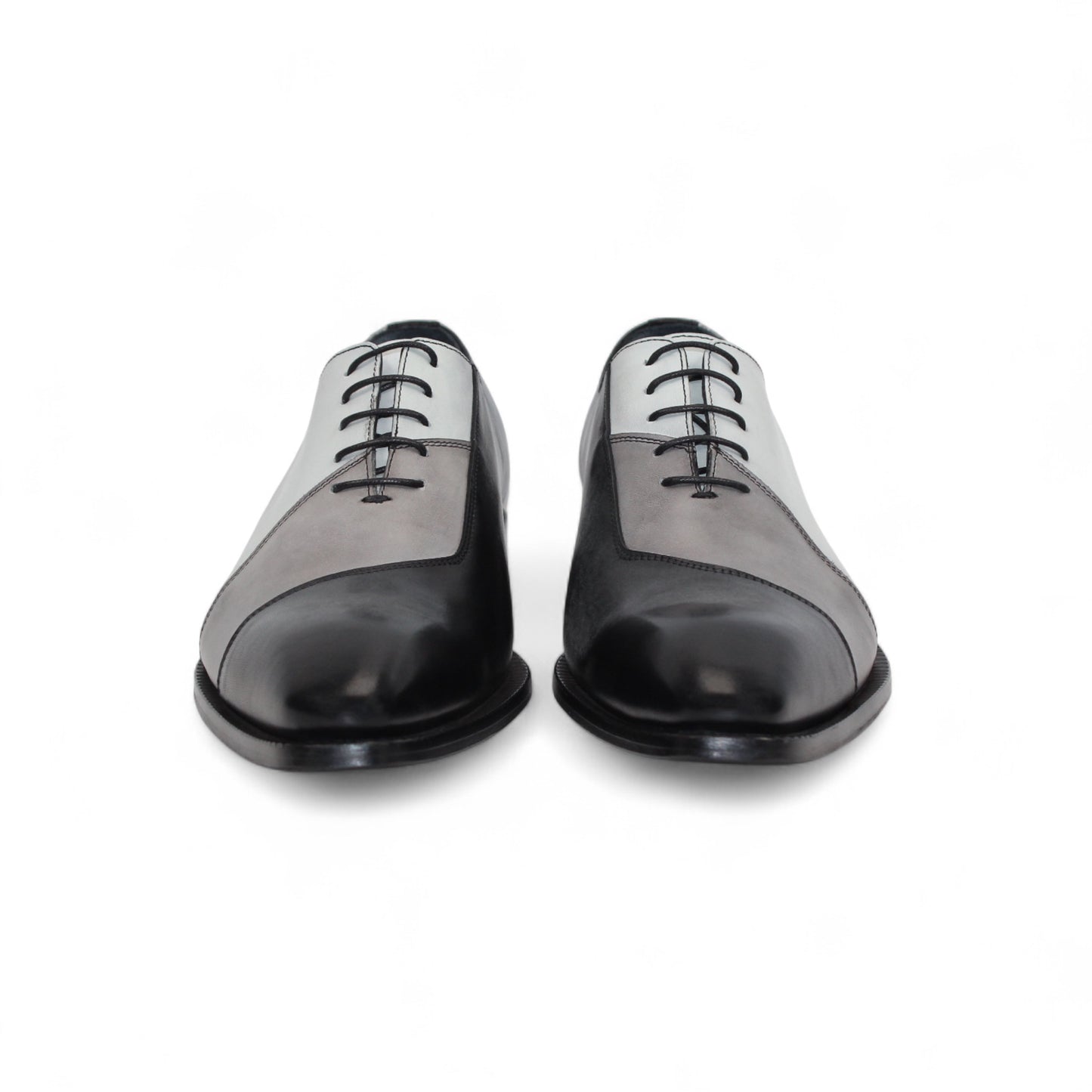 The Duca Di Matiste Duca Spoleto II Black Combo is a men’s Italian handcrafted lace-up dress shoe with black, gray, and white color-block leather, shown in left side profile on a white background.