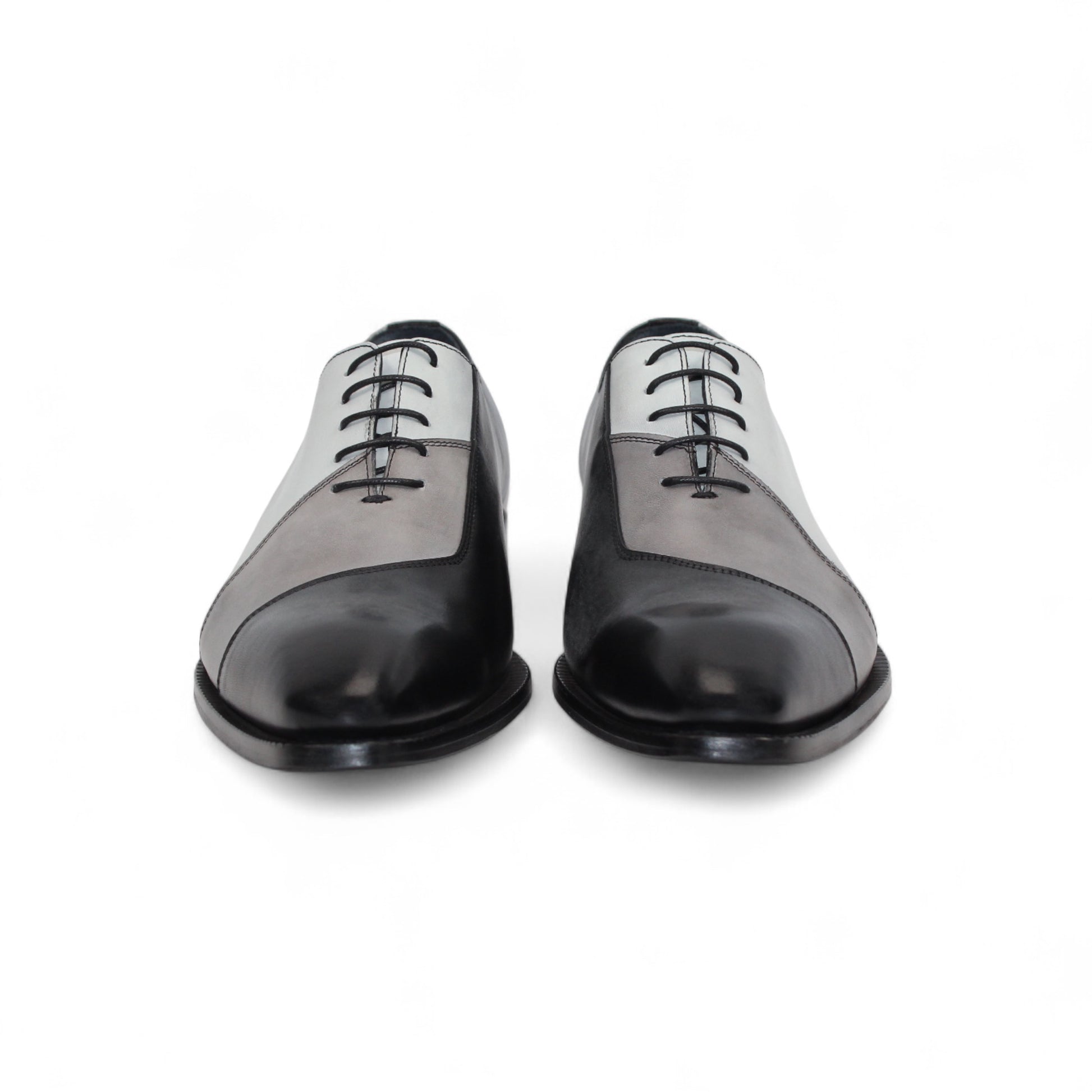 The Duca Di Matiste Duca Spoleto II Black Combo is a men’s Italian handcrafted lace-up dress shoe with black, gray, and white color-block leather, shown in left side profile on a white background.