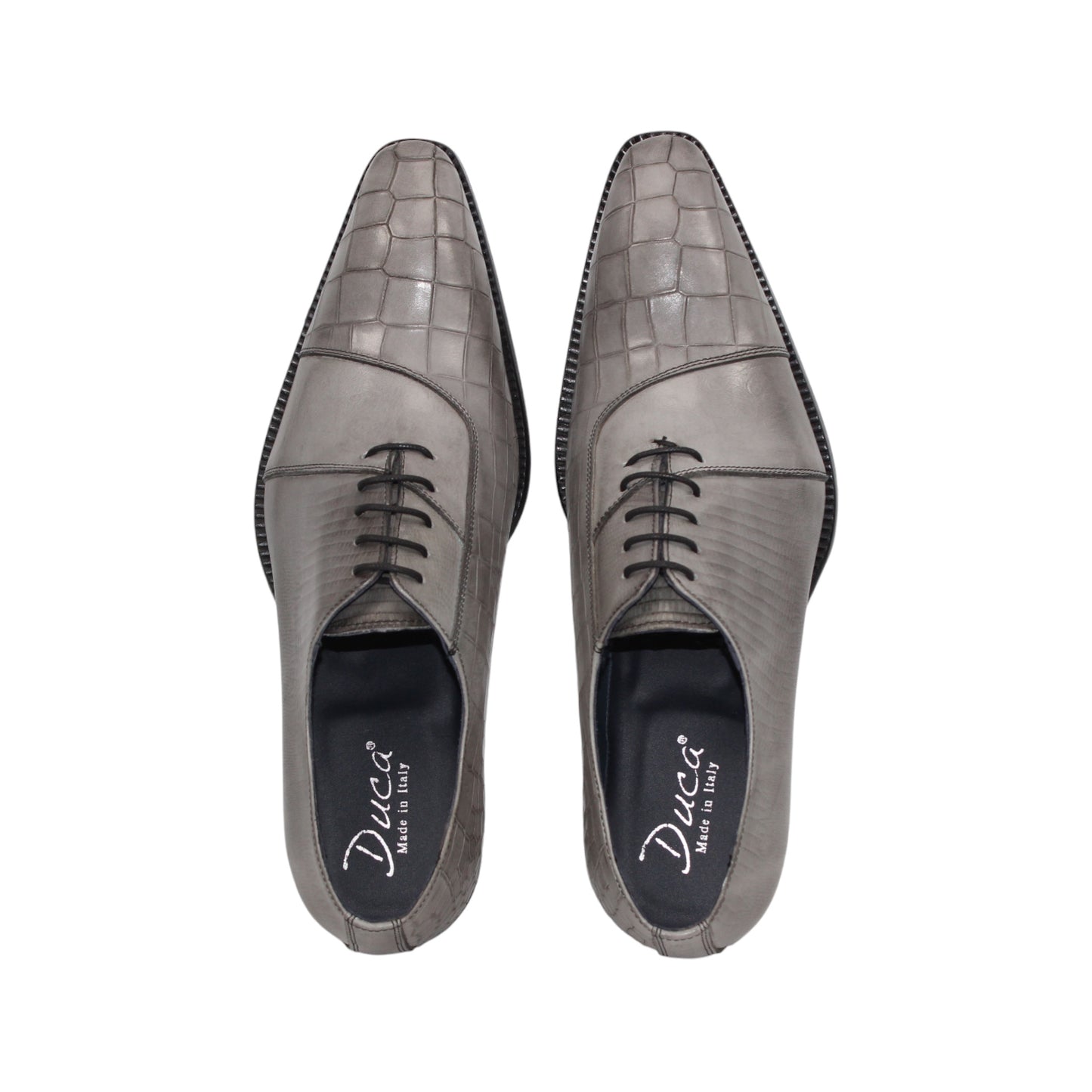 The Duca Di Matiste Duca Spoleto I Grey is a gray embossed leather oxford with a textured toe and side, black sole, and black laces—luxury footwear shown in side profile on a white background.