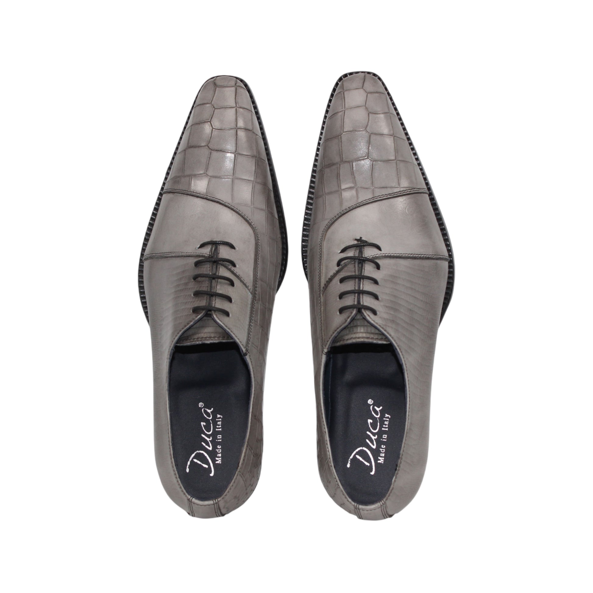 The Duca Di Matiste Duca Spoleto I Grey is a gray embossed leather oxford with a textured toe and side, black sole, and black laces—luxury footwear shown in side profile on a white background.