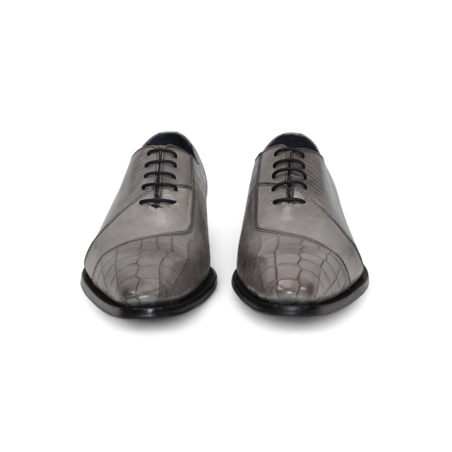 The Duca Di Matiste Duca Spoleto I Grey is a gray embossed leather oxford with a textured toe and side, black sole, and black laces—luxury footwear shown in side profile on a white background.