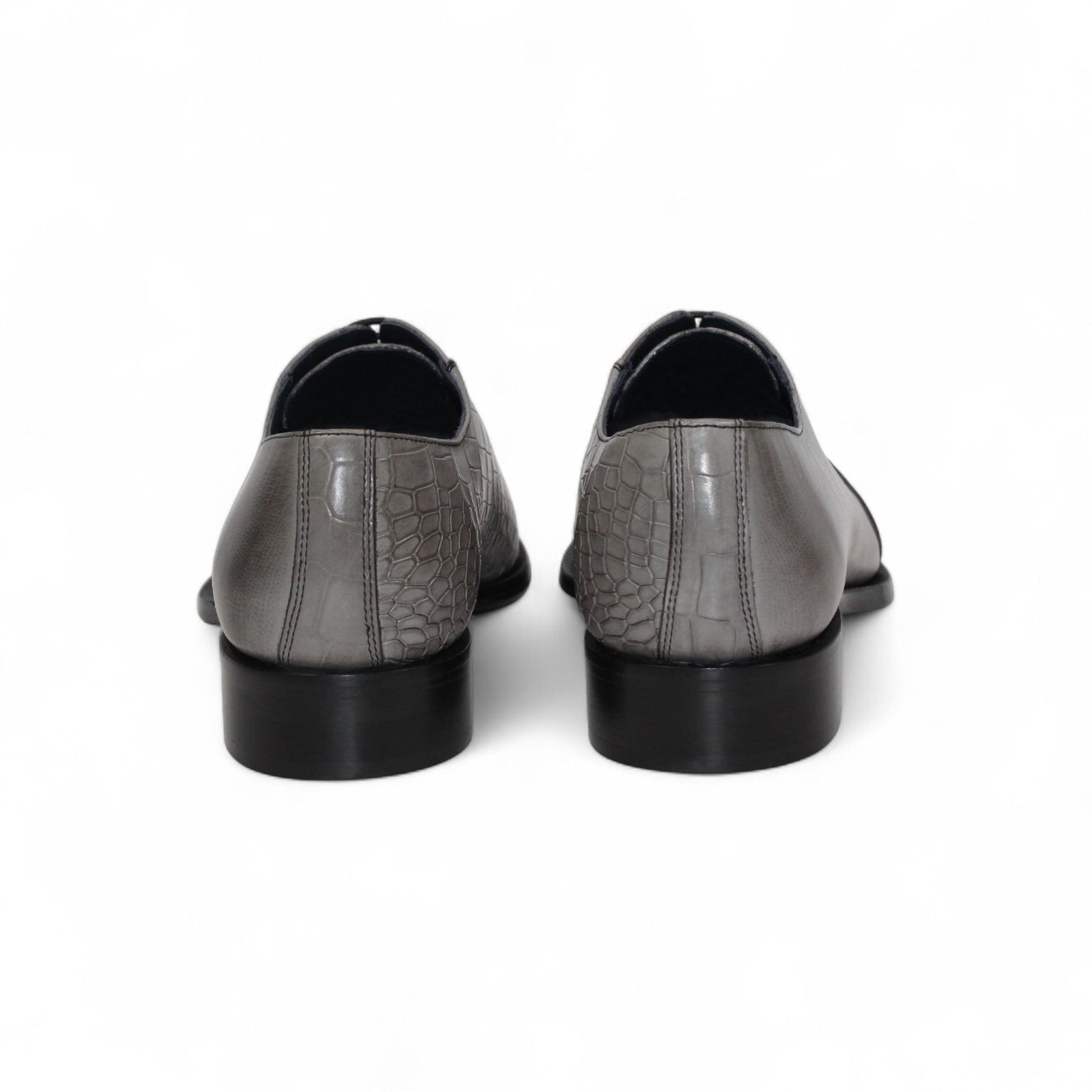 The Duca Di Matiste Duca Spoleto I Grey is a gray embossed leather oxford with a textured toe and side, black sole, and black laces—luxury footwear shown in side profile on a white background.