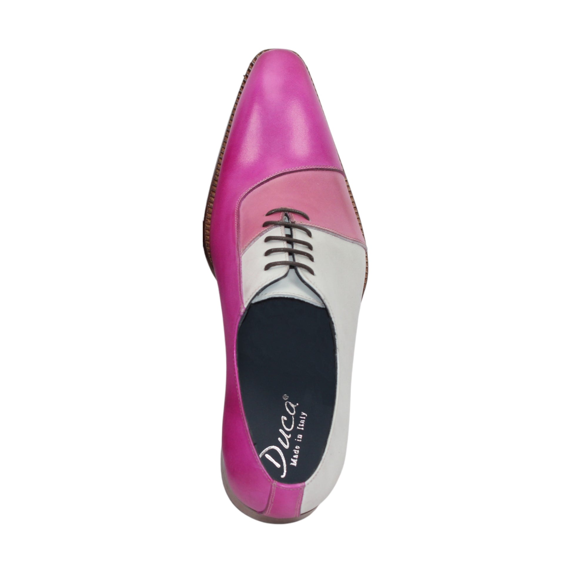 The Duca Di Matiste Duca Spoleto II Pink Combo is a handcrafted Italian men's dress shoe featuring modern color blocking—gray heel, pink midsection, magenta toe—black laces, and a sleek wooden sole for luxurious style.