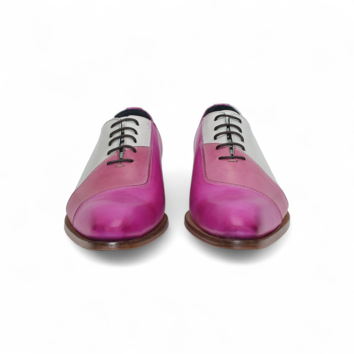 The Duca Di Matiste Duca Spoleto II Pink Combo is a handcrafted Italian men's dress shoe featuring modern color blocking—gray heel, pink midsection, magenta toe—black laces, and a sleek wooden sole for luxurious style.