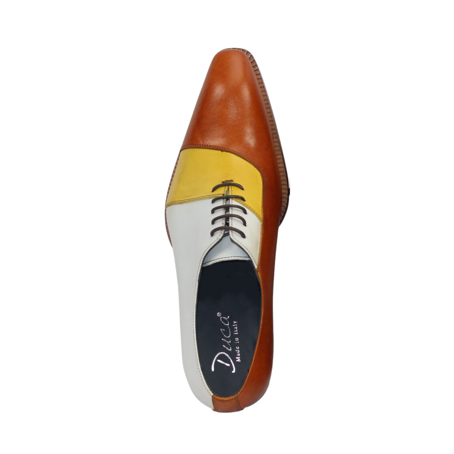 The Duca Spoleto II Yellow Combo by Duca Di Matiste is a luxury leather dress shoe in white, yellow, and brown color blocks with black laces and a light brown sole, expertly handcrafted in Italy and shown in side view on a white background.