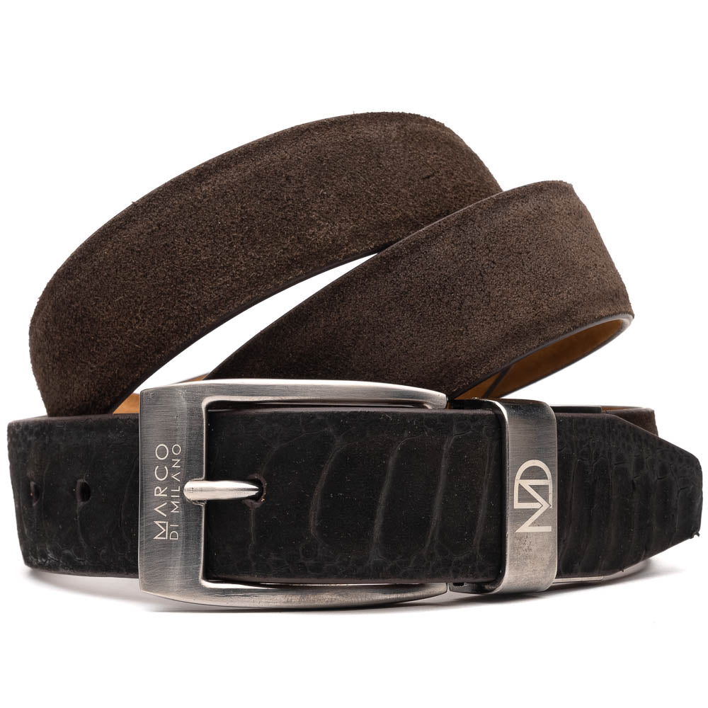A close-up of the Marco Di Milano Hugo Belt Brown in suede and a black textured leather belt, both with silver buckles—showcasing luxury men's accessories from Marco Di Milano.